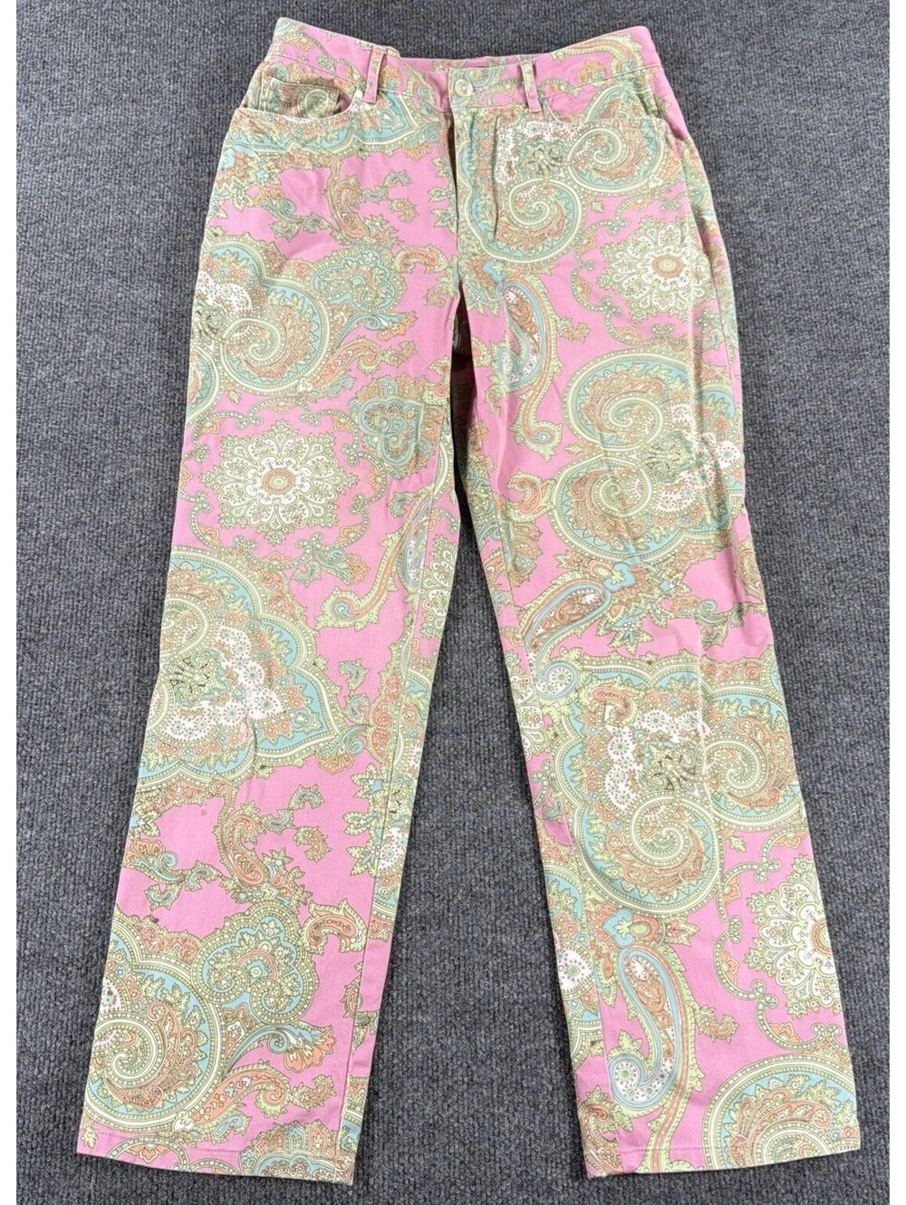 Lauren Ralph Lauren Women Pink Green Paisley Cotton Preppy Pants Sz 8